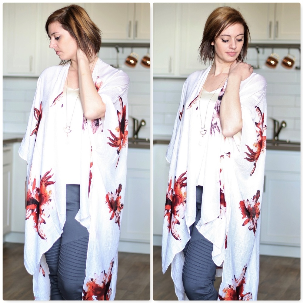 Floral Print Kimono Shawl-Cream - Picture 2 of 7